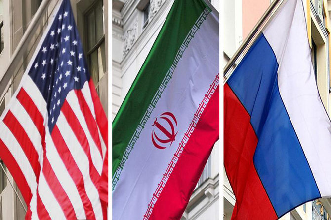 Флаги США, Ирана и России